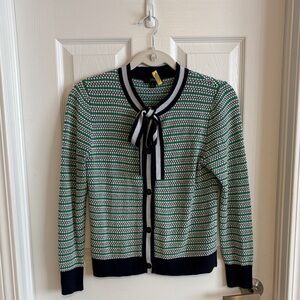 J. Crew Green and White Striped Cardigan